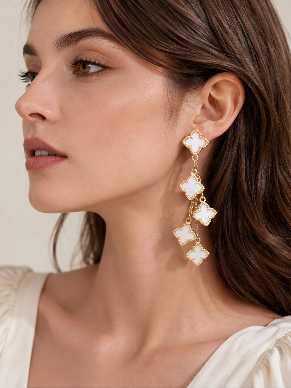 Italian Luxury Gold Tone White Enamel Crystal Clover Drop Earrings NWOT